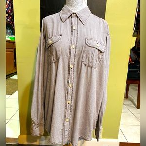 Men’s long-sleeve button down shirt, chocolate/white striped. Size Large.